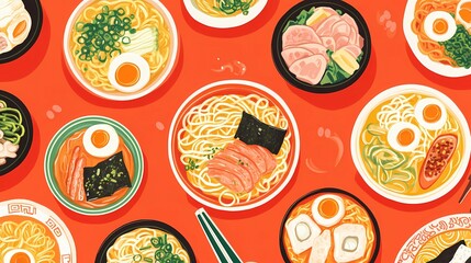 Hand-drawn ramen bowl with rich broth, noodles, and toppings, ideal for food packaging, menu designs, and culinary promotions, vintage illustration style