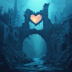 Fototapeta premium A vector illustration of a lost city submerged underwater, where ancient heart-shaped ruins still glow.