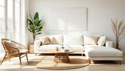 Modern Minimalist Living Room Interior Design with White Sectional Sofa Rattan Chair and Natural