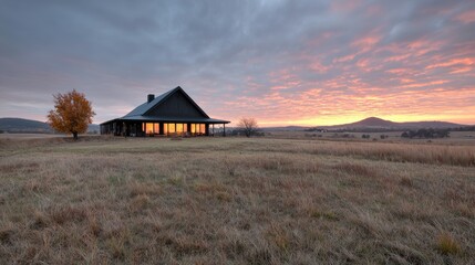 Rustic home at sunrise over open field.  Possible use Nature photography