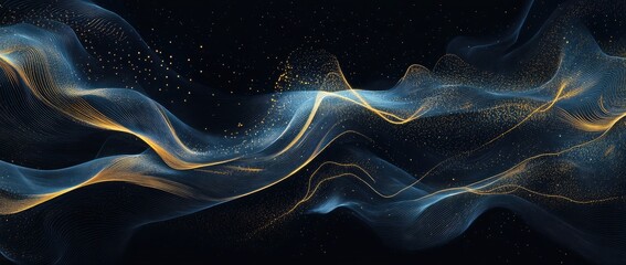 Naklejka premium Abstract dark background with flowing golden blue lines