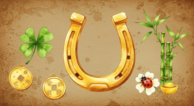 Lucky symbols: horseshoe, four-leaf clover, golden coins, bamboo, ladybug charm on textured background