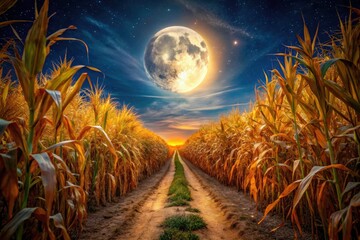 Fototapeta premium Night's embrace: a moonlit cornfield path, stark shadows, and serene beauty captured.