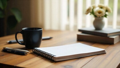 Cozy Home Office Workspace Blank Notebook Pens Coffee Books Flowers