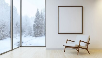 Winter Wonderland View: Relaxing Chair by Large Window with Blank Frame, Cozy Minimalist Room Design.
