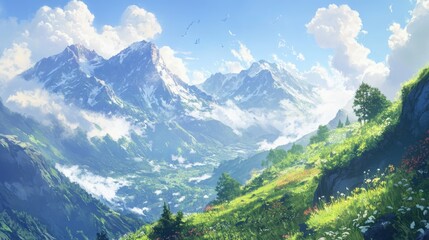 Obraz premium A stunning mountain view with rolling hills and a clear blue sky.