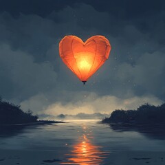 Fototapeta premium A vector illustration of a floating lantern in the shape of a heart, drifting aimlessly through a foggy sky.