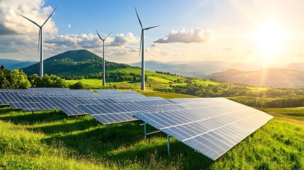 Sustainable Energy: Solar Panels and Wind Turbines in Scenic Landscape