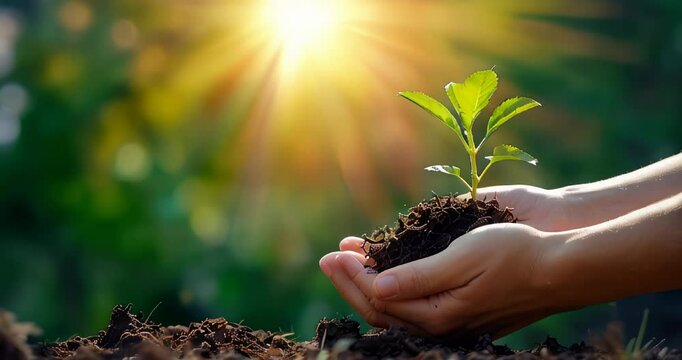 Close up of female hands taking care of small plant sprout. Greenhouse flower seedlings. Woman's hand with young green seedling in soil with sunlight. agriculture and gardening concept.