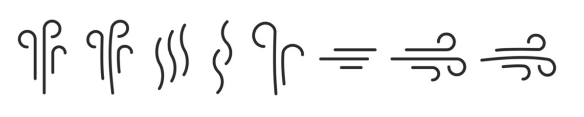 Smoke exhaust line stroke art simple icon set vector, smell wind air blow graphic outline thin linear, doodle hand drawn flow gust puff comic fun, hot steam fart sign symbol, vapour flavor impulse
