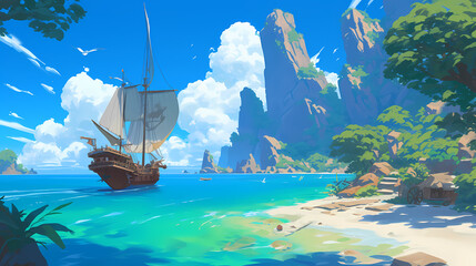 Fototapeta premium Pirate ship approaches the island