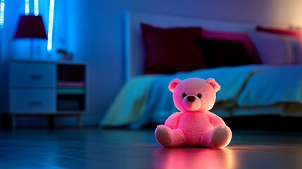 A cute pink teddy bear sits in a softly lit bedroom setting.