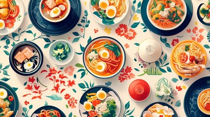 Authentic Japanese ramen dish with rich details, featuring noodles, vegetables, and broth, suitable for cookbook covers, restaurant decor, and ads, modern sketch style