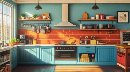A vibrant kitchen with colorful accessories, open shelves, and a large island.