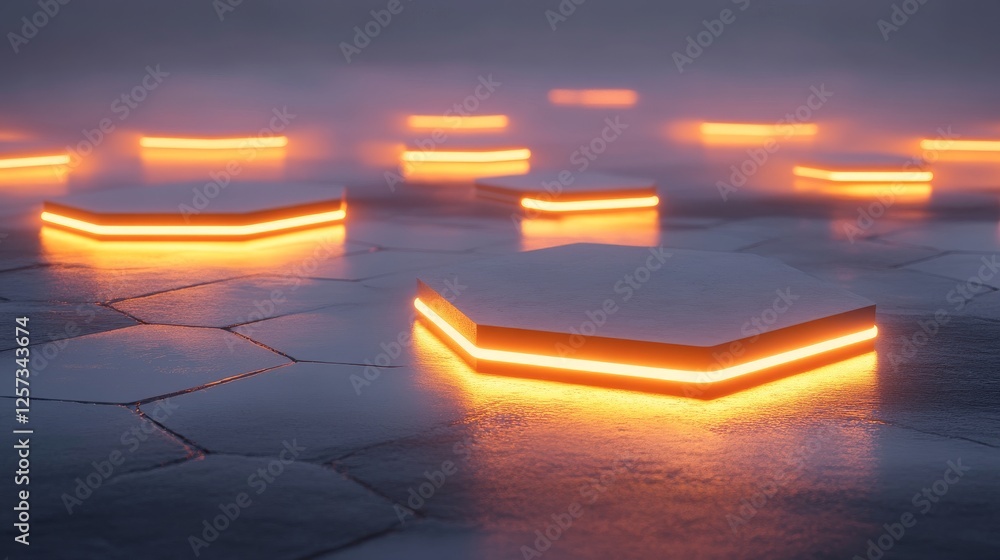 Poster hexagonal platforms with orange glowing edges hover above tile floor