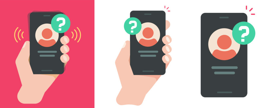 Unknown caller calling on mobile cell phone icon vector graphic illustration, incoming fake scam anonymous smartphone ringing, cellphone with who calling question on screen image clip art
