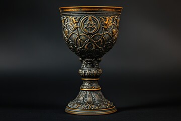 Ornate chalice showcases intricate carvings and metallic accents