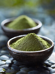 A refined matcha setup with powder artistically arranged in a bowl