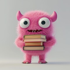 Fototapeta premium Soft pink monster as a librarian, holding a stack of books
