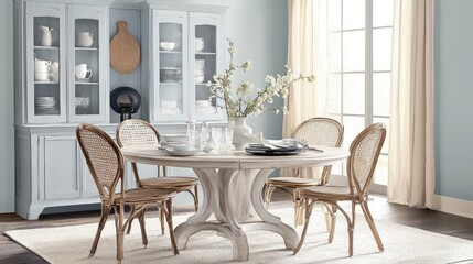 A coastal-inspired dining room with Morning Sand walls and rattan accents.