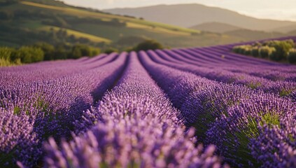 Obraz premium Lavender Fields Bloom Beautifully at Sunset: A Serene Landscape of Purple Flowers in Rolling Hills