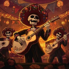 Skeleton musicians in traditional attire performing at a festive celebration