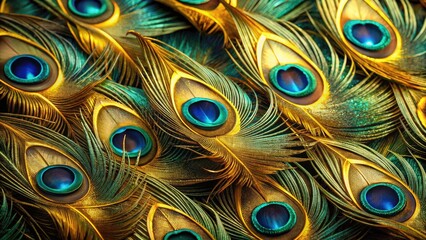 Macro Peacock Feather Photography: Dark Teal Background, Gold Outline, Closeup