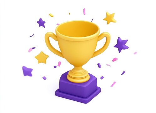 3d golden trophy cup and stars confetti around in cartoon style. concept of victories or reward for achieving goals. realistic illustration isolated on white background.