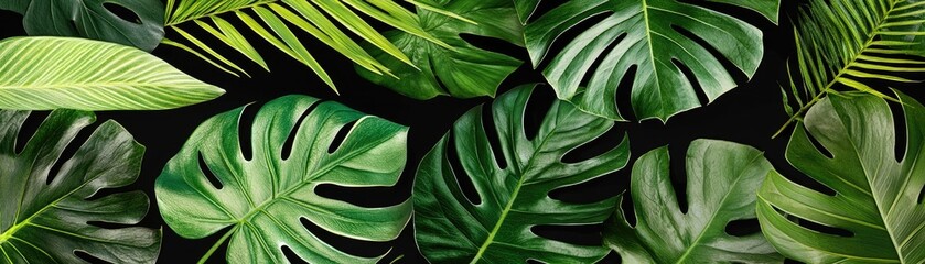 Lush tropical leaves on black background.  Jungle foliage banner