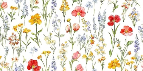 Wild flowers watercolor seamless pattern botanical hand drawn illustration