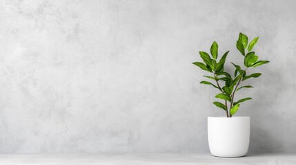 Simple plant in white pot against textured wall