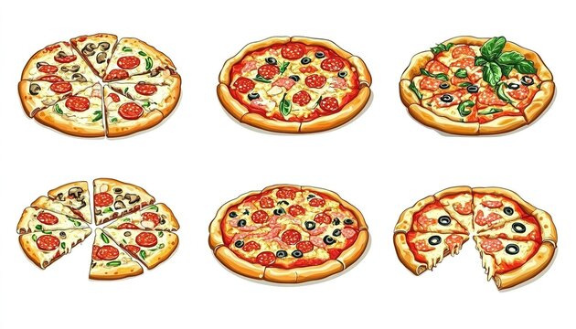 Hand Draw Pizza set with various ingredients in cartoon style. Whole and chopped pizza icon.