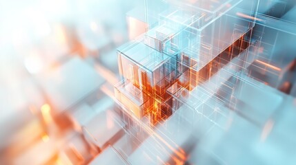 Abstract arrangement of translucent cubes with orange glowing edges