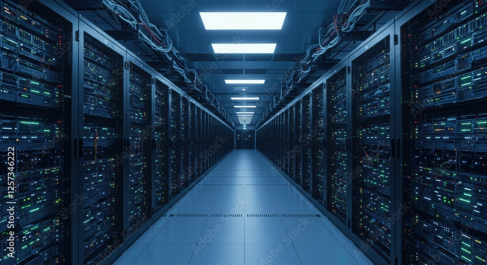Poster modern data center corridor with high-tech server racks and led lighting