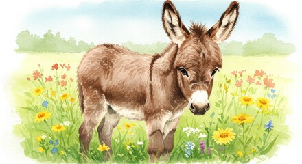 Fototapeta premium Watercolor Painting of a Cute Donkey in a Flower Meadow Landscape