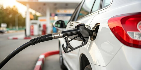 White car refueling at a gas station during daylight with a fuel pump inserted into the tank. The scene is bright and clear