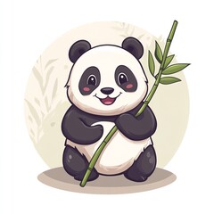 Obraz premium Adorable Happy Panda Cub Holding Bamboo Illustration Cute Cartoon Animal Design Perfect for Kids Nursery Room Decor Posters Prints Greeting Cards 