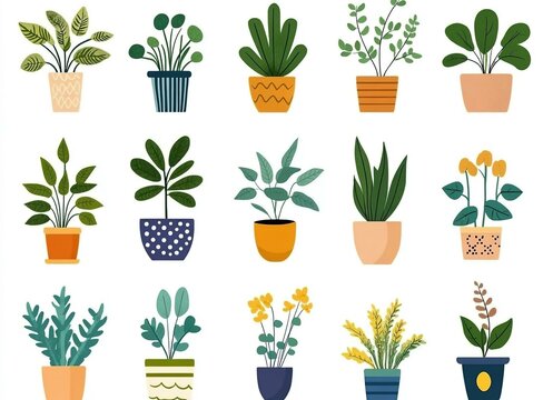 set of houseplants in flowerpots in doodle style vector
