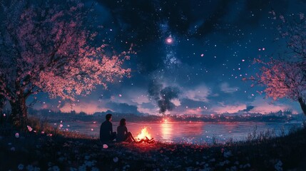 Fototapeta premium A couple enjoying a romantic spring evening by a bonfire, surrounded by blooming trees and a starlit sky