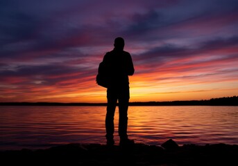 Fototapeta premium Silhouette Man Lake Sunset Landscape Photography