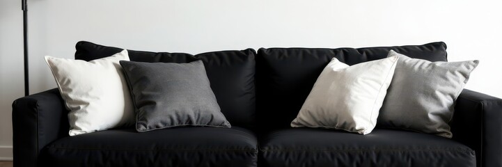 Linen pillows accentuate black sofa against stark white , black, contrast