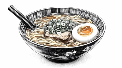 Detailed ramen illustration with eggs, seaweed, and broth, perfect for restaurant advertisements, menu layouts, and digital marketing, retro comic book style