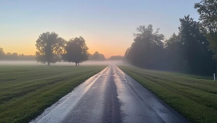 Fototapeta premium Misty Morning Road: Serene Sunrise Drive Through Foggy Fields and Trees