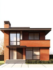 Modern Brick Home Exterior: A sleek and contemporary brick home with a flat roof and large windows, showcasing a modern architectural style.  The house sits on a manicured lawn.