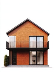 Obraz premium Modern Brick House with Balcony: A charming two-story house with a modern design and a balcony, featuring a warm red brick exterior and sleek black accents.