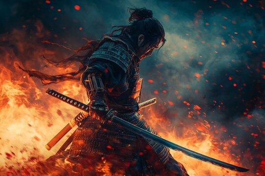 A lone samurai warrior amidst fiery chaos