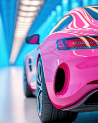 Obraz premium Futuristic pink sports car in vibrant blue environment, showcasing speed and style