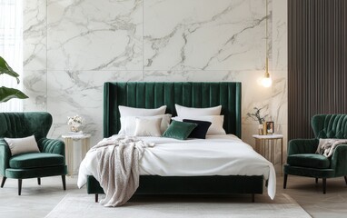 Luxury modern bedroom, velvet upholstered bed in deep emerald, boucle armchairs, marble side tables, large white marble headboard wall with soft recessed lighting, elegant and contemporary