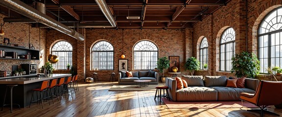 Cozy modern loft with brick walls and stylish interior design