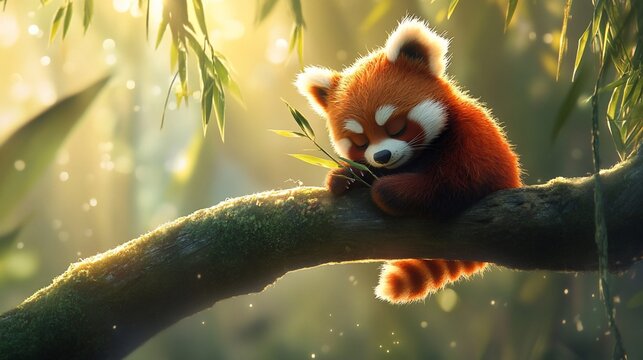 Red panda sleeping, tree branch, forest, sunlight, nature